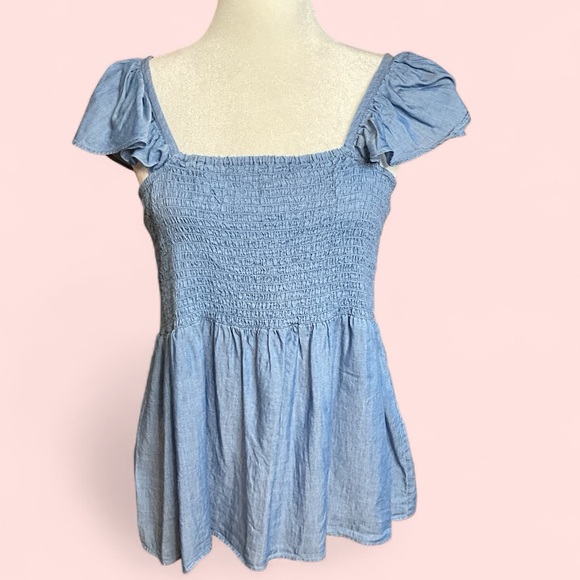 LOFT Tops - LOFT Light Blue Smocked Peplum Top